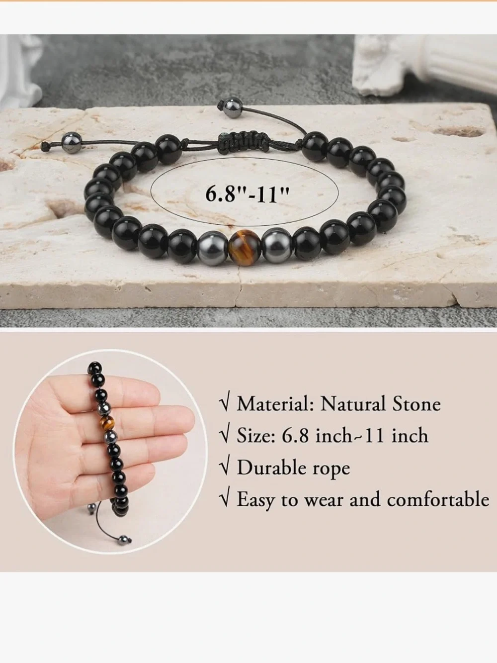Men's Beaded Bracelet with Black, Gunmetal & Gold Accent